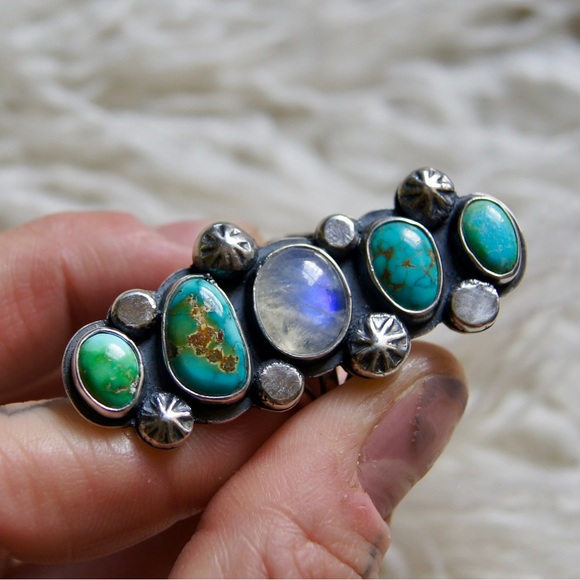 Handmade Turquoise & Moonstone Statement Ring | Size 6.5 (.925 Sterling Silver) - Picture 3 of 5